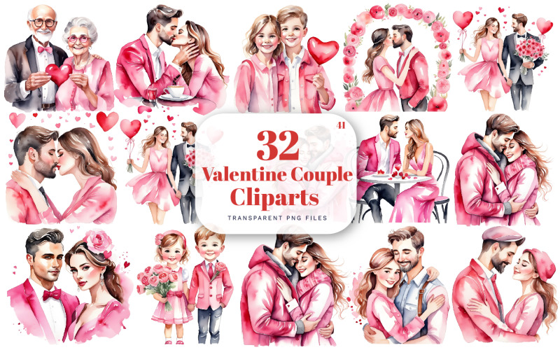 Clipart de pareja de San Valentín en acuarela, clipart de mejor amigo, dulces de San Valentín, clipart de pareja enamorada