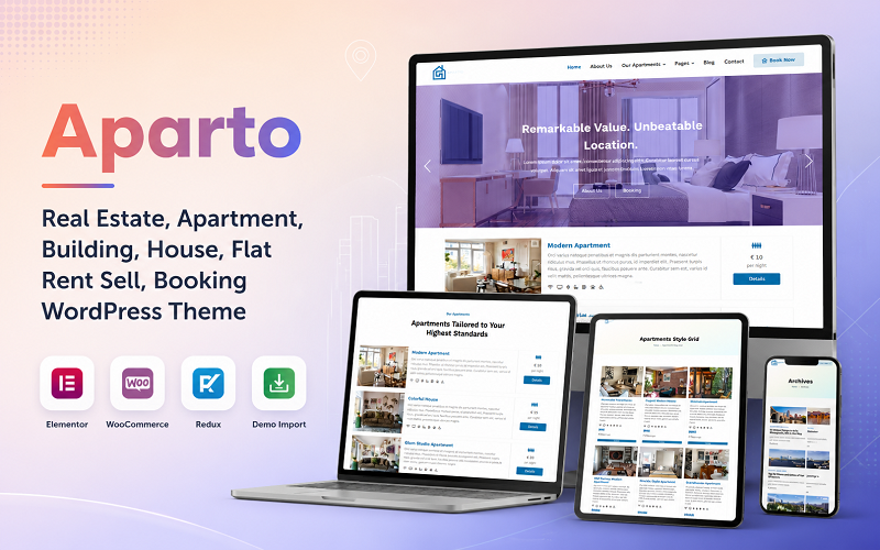 Aparto – WordPress-Theme für Immobilien, Wohnungen, Gebäude, Häuser, Mietwohnungen, Verkauf und Buchung