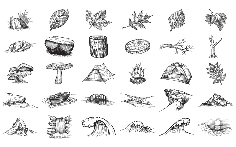 30 Natura Elementi della natura disegnati a mano