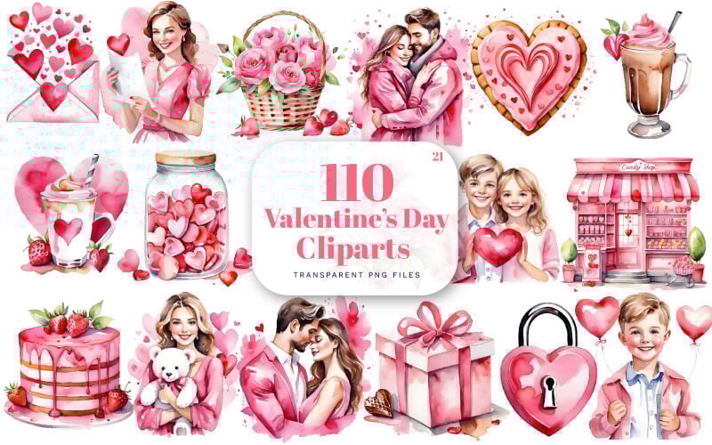 Aquarell Happy Valentinstag Cliparts Bundle