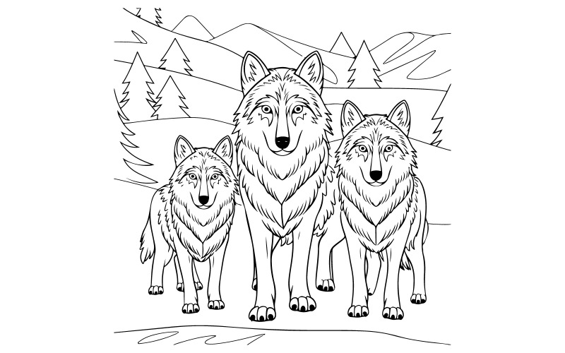 Een kleurplaatillustratie van wolven