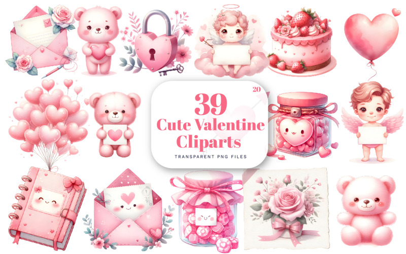 Akvarell Valentin-nap clipart, Valentin édességek léggömbök szerelmes levelek szív clipart