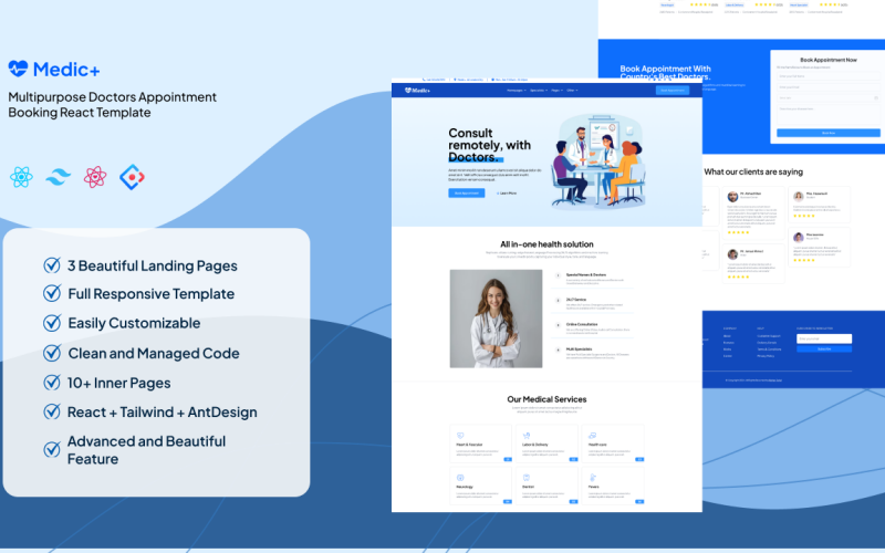 Medic+ Krankenhaus-, Klinik- und Arztterminbuchungssystem ReactJS + Tailwind CSS + Ant Design
