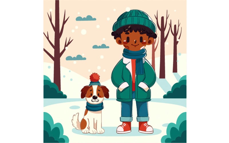 Un garçon joue avec un chien en hiver