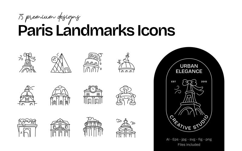 Modern Paris Landmark Icon Set