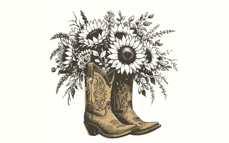 Sunflower Cowgirl Boots png PNG, Retro Cowgirl Boot Clipart