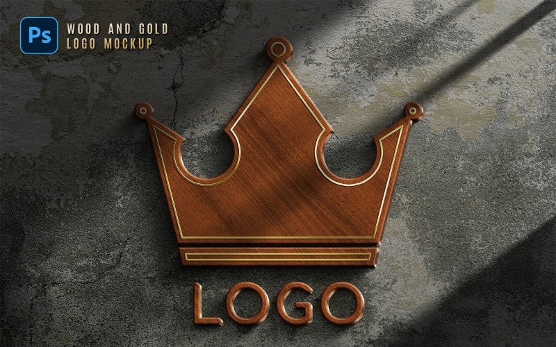 Mockup Photoshop con logo in legno dorato