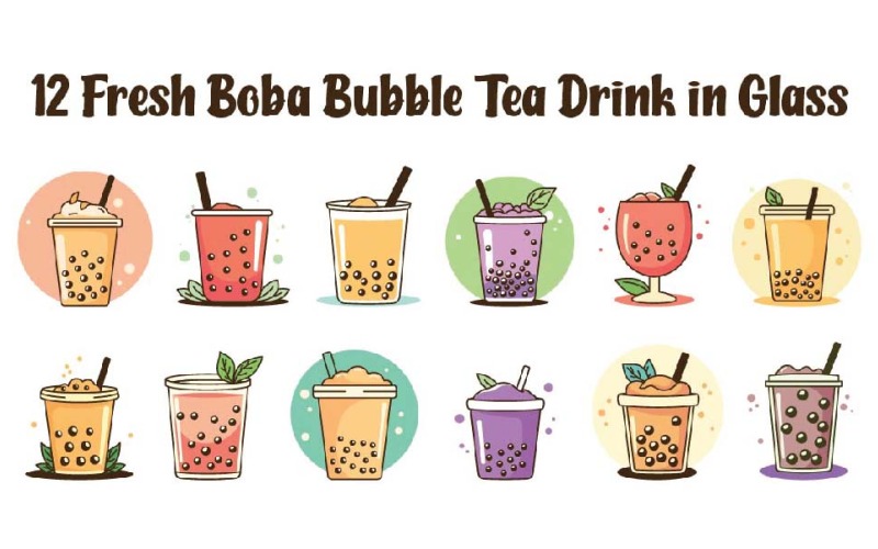 12 Bebidas frescas de chá de bolhas Boba em copo