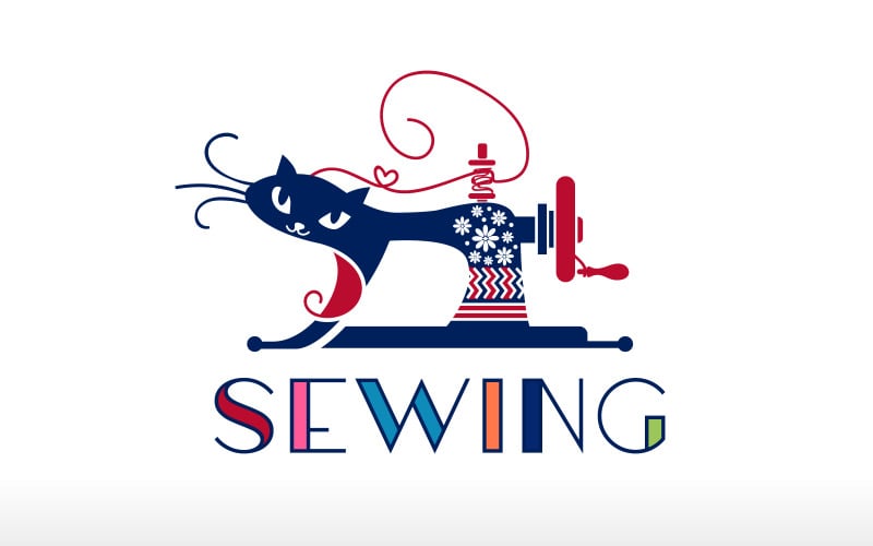 Creative Cat Crafting Sewing Machine Logo Design Vector Icon Symbol Illustration