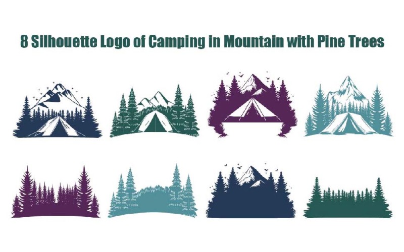 8 Logotipo de silhueta de acampamento na montanha com pinheiros