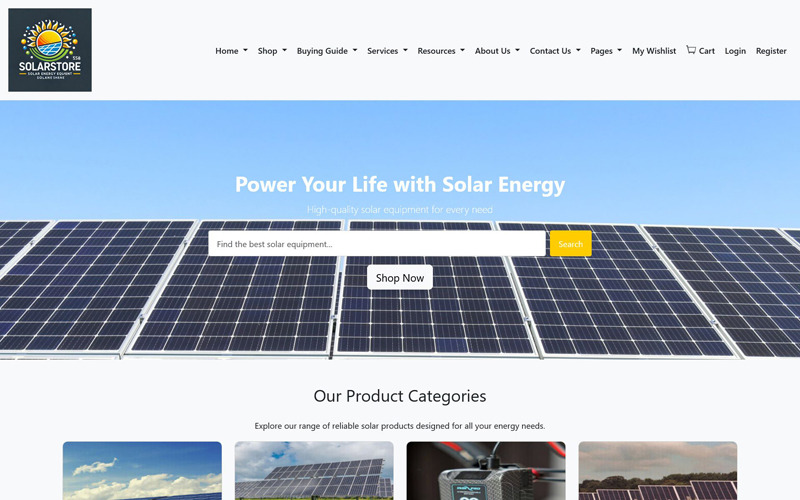 Zonne-apparatuurwinkel | Responsieve websitesjabloon voor duurzame energieoplossingen