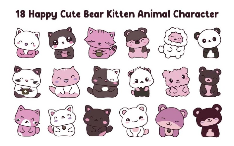 18 personnages d'animaux mignons et heureux de type ours et chaton