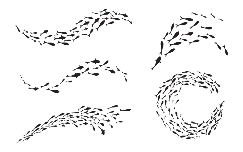 Ilustração dinâmica de bando preto de peixes nadando V.2