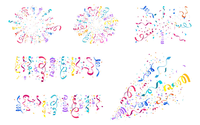 Kleurrijke confetti en serpentine linten. Feestelijke illustratie in platte moderne eenvoudige stijl.