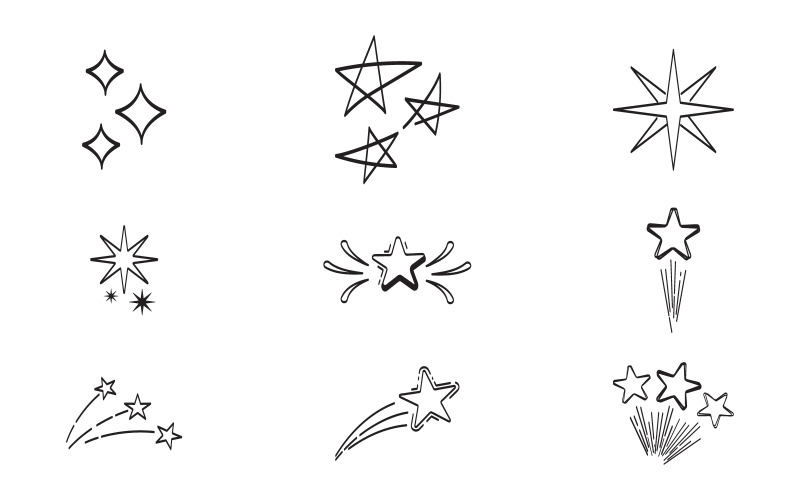 Conjunto de garabatos de estrellas, ilustración vectorial, plantilla de diseño dibujado a mano