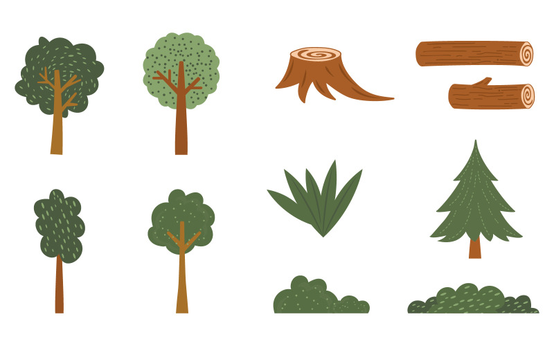 Satz von Cartoon-Waldbäumen. Einfaches Vektorset aus grünen Bäumen und Naturelementen V.1