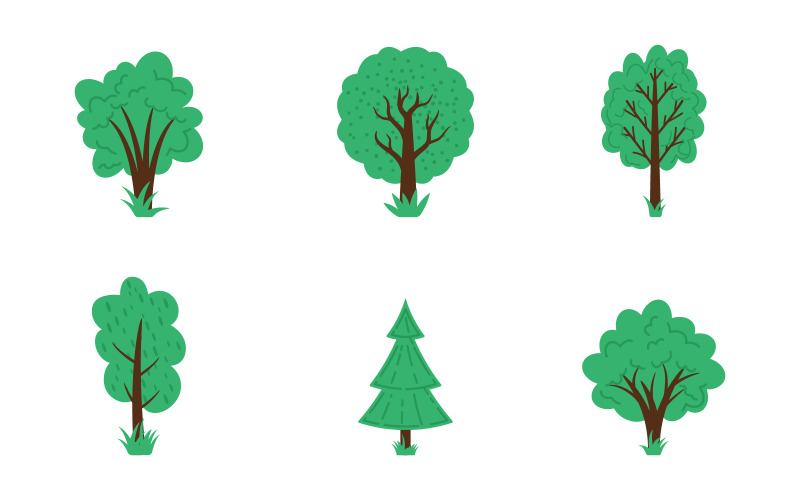 Set di alberi della foresta dei cartoni animati. Semplice set vettoriale di alberi verdi ed elementi della natura V.3