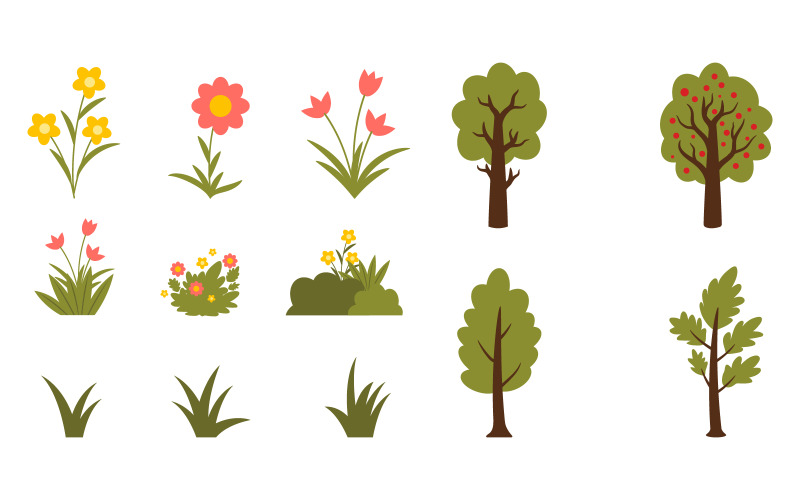 Set di alberi della foresta dei cartoni animati. Semplice set vettoriale di alberi verdi ed elementi della natura V.4