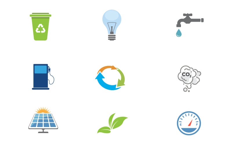 Conjunto de iconos de ecología. Plantilla de diseño de ilustración de energía renovable y sostenibilidad medioambiental v.1