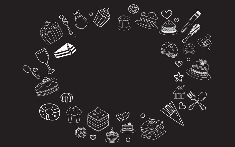 Disegno vettoriale di arte lineare con simpatici scarabocchi di torte e cupcake modello di design v.6