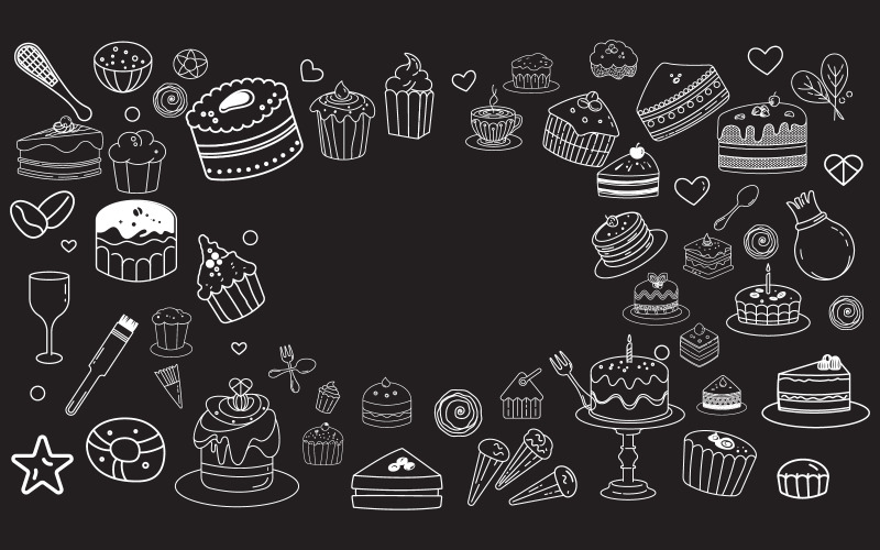 Modèle de conception de cupcakes de gâteaux avec dessin au trait vectoriel et jolis gribouillis v.3