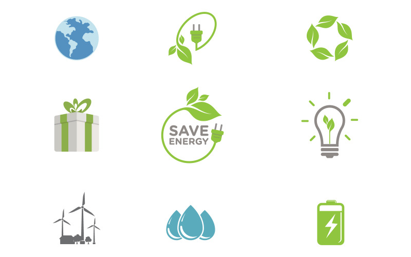 Satz von Ökologie-Symbolen. Design-Vorlage für die Illustration „Umwelt, Nachhaltigkeit, erneuerbare Energien“ v.5