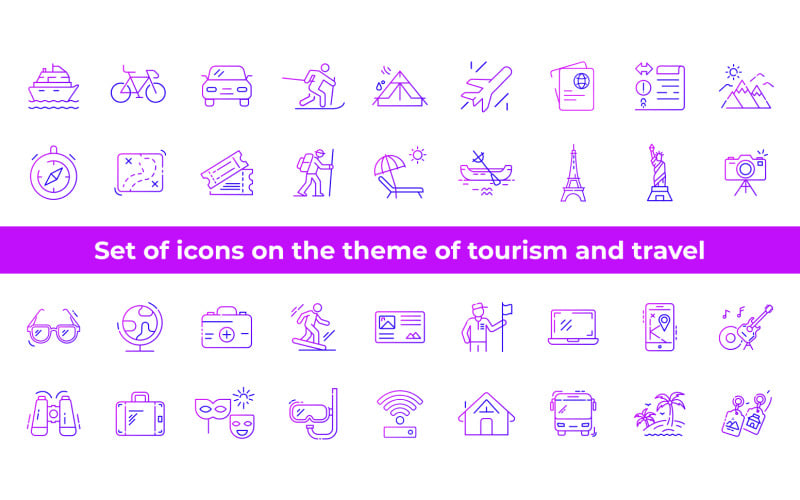 Reihe von Symbolen zum Thema Tourismus und Reisen