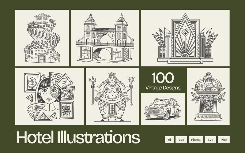 Vintage Hotel Illustratie Set