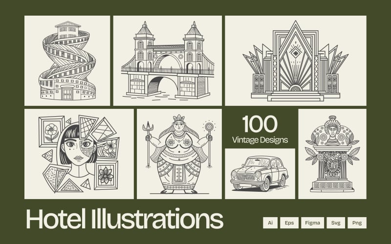 Vintage Hotel Illustration Set