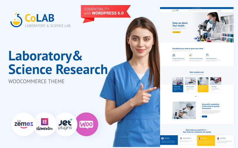 CoLab - WordPress-thema voor wetenschappelijk onderzoek en laboratoria, speciaal voor websites van medische laboratoria