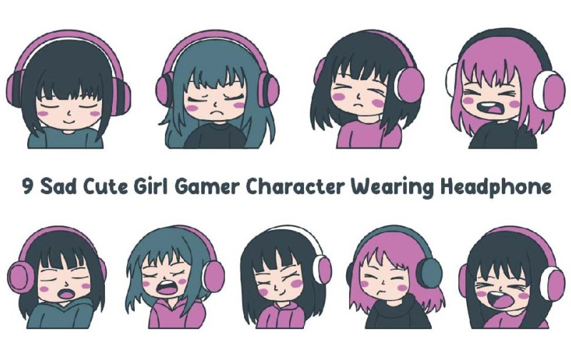 9 personnages de gamer tristes et mignons portant un casque