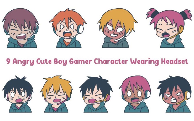 9 personnages de jeu mignons et en colère portant un casque