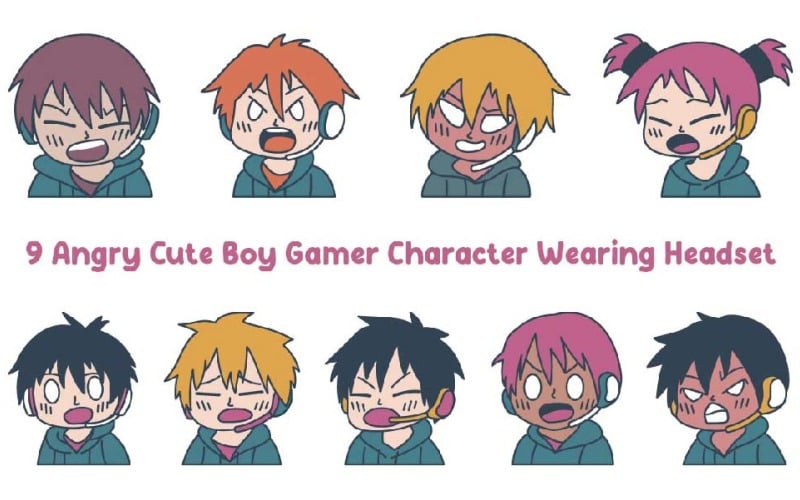9 Wütender süßer Junge Gamer Charakter trägt Headset