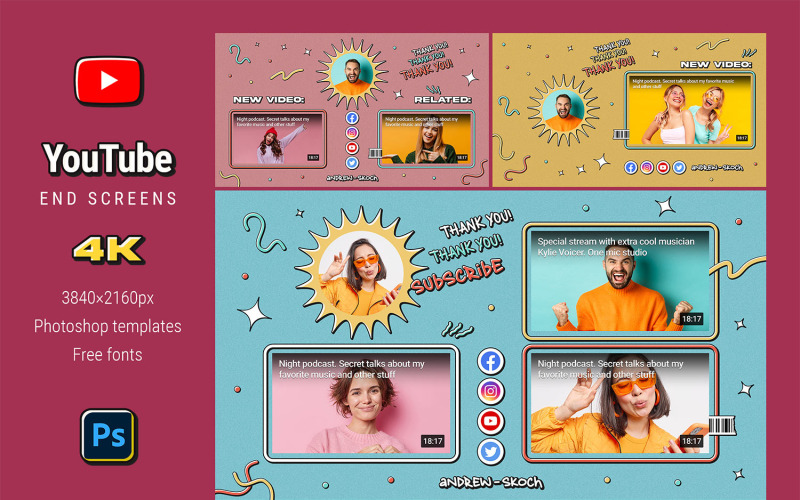 Kolorowe ekrany końcowe YouTube Photoshop
