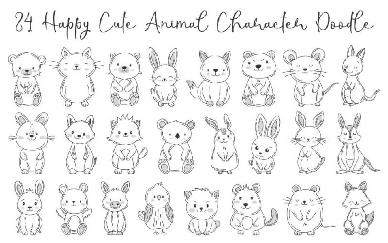 24 simpatici animali felici scarabocchiati