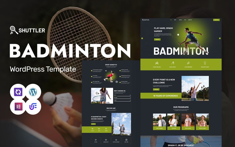 Shuttler - Club de bádminton, academia de bádminton y tema de WordPress Elementor para entrenamiento