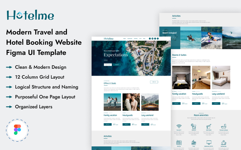 Hotelme - Moderní webové stránky pro cestování a rezervaci hotelů Figma UI Template