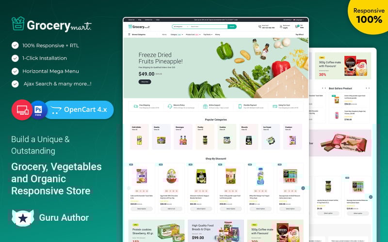 Grocery Mart - Tema Opencart responsivo para tiendas de comestibles, verduras y productos orgánicos