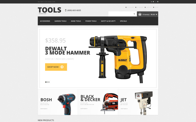 Thème Magento réactif pour les outils et équipements