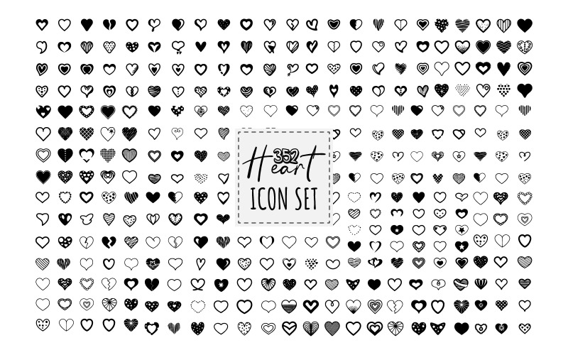 Un set di 352 bundle SVG a forma di cuore. Raccolta di icone illustrate a forma di cuore