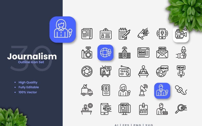 Ensemble d'icônes de 30 contours de journalisme