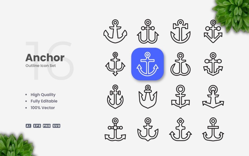16 Anchor Outline Ikonuppsättning