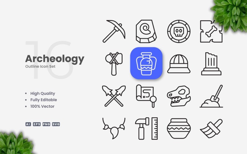 16 Archäologie-Umriss-Icon-Set