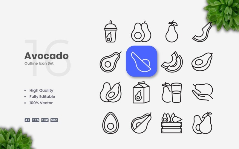 16 Avocado Kontur Ikonuppsättning
