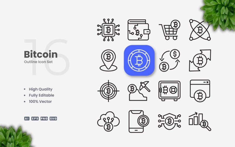 16 Bitcoin Outline Ikonuppsättning