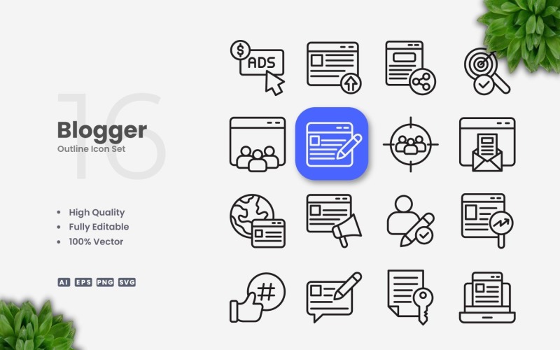 16 Blogger-omtrekpictogramset