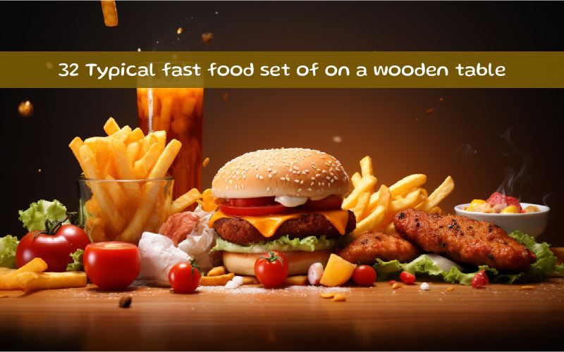 Ahşap bir masanın üzerinde tipik bir fast food seti