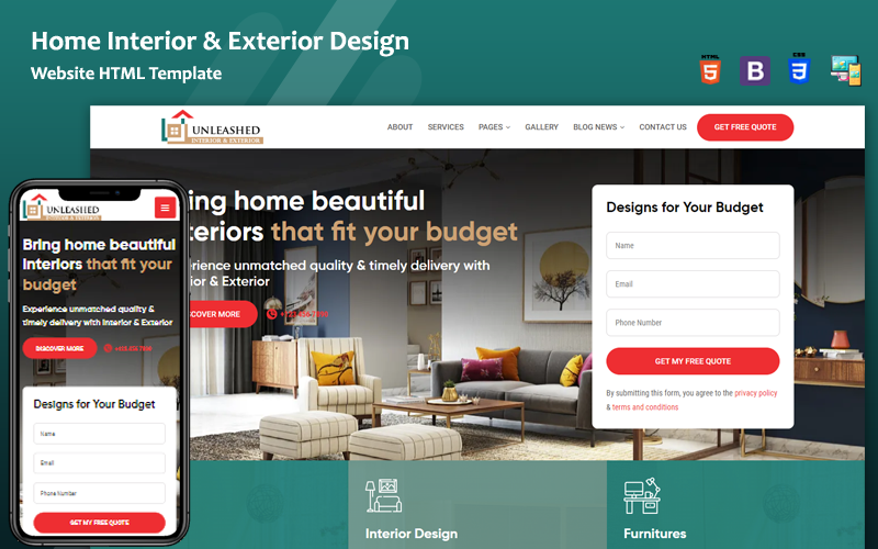 Inredning, exteriördesign och arkitektur HTML-webbplatsmall