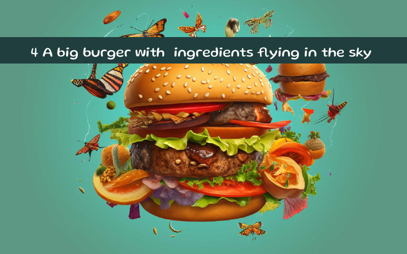 Velký burger s přísadami létajícími na obloze AI image