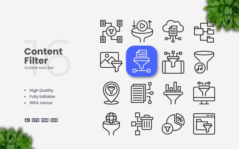 16 Content Filter Outline Icon Set